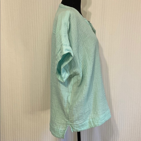 L.L. Bean Top Tunic Gauzy Cotton Relaxed Fit Mandarin Collar Pastel Green 1X - Picture 3 of 6